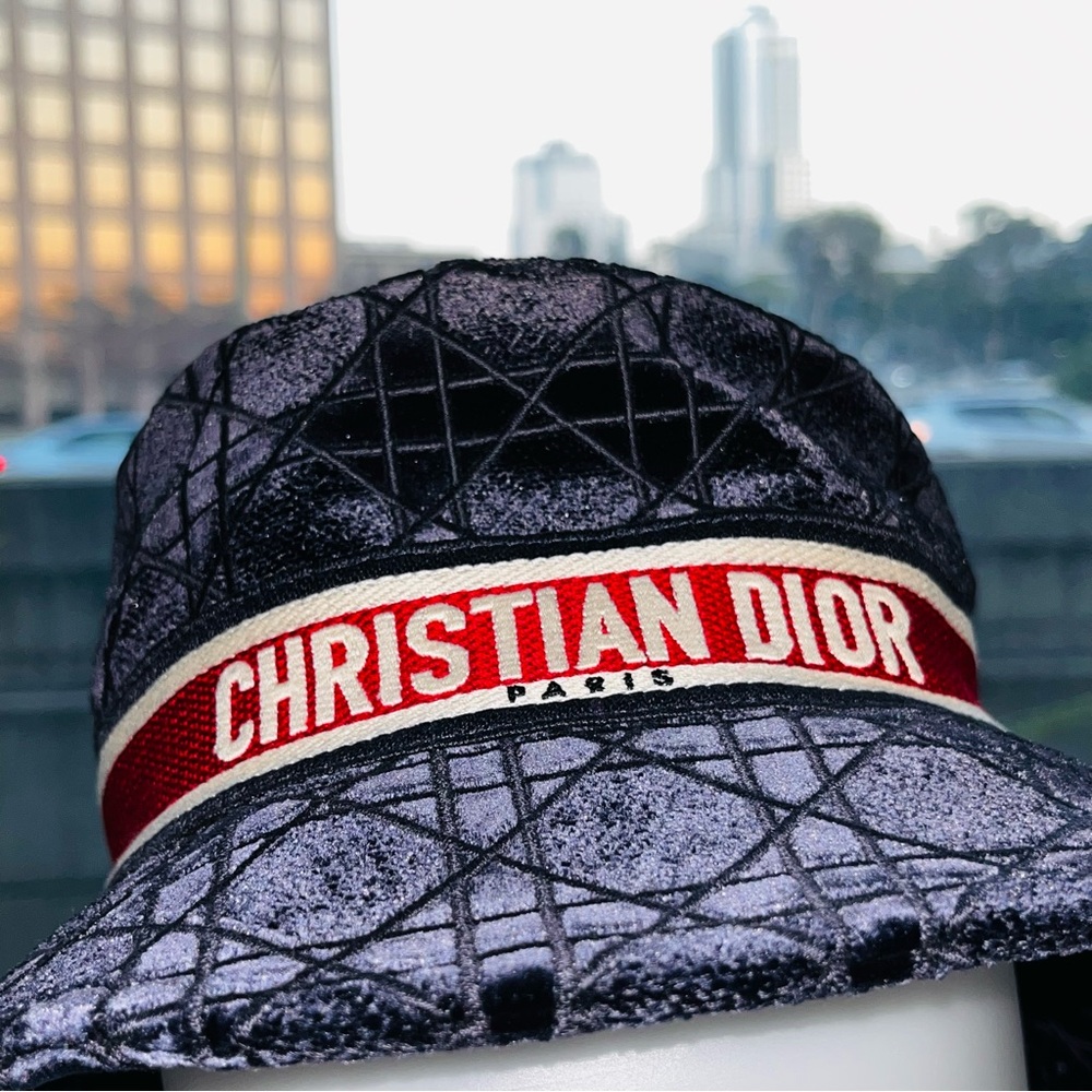 Dior: Velour Corduroy Christian Dior Paris Logo Cannage Embroidered Hat - Picture 3 of 16